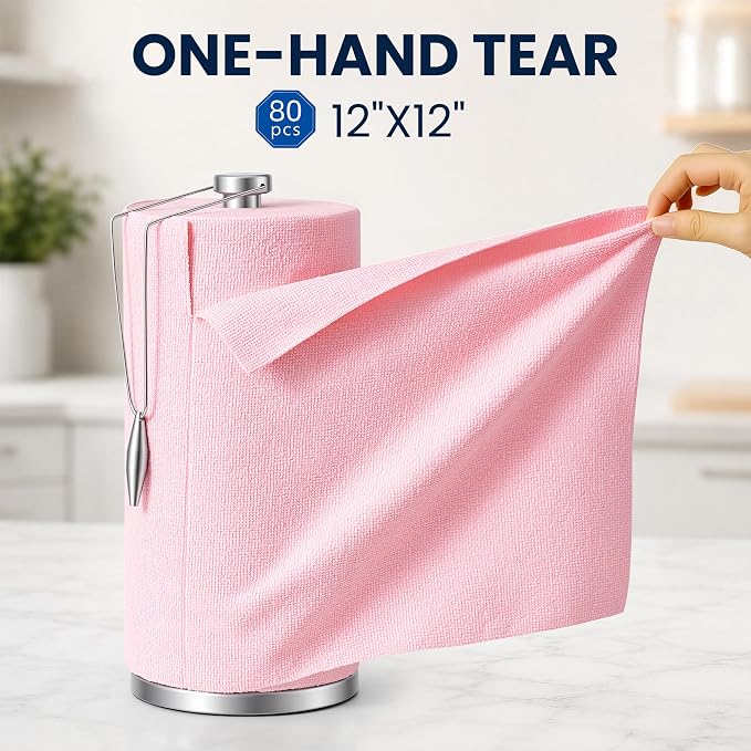 Veco Microfiber Cleaning Cloth Roll 80 PCS, 12" x 12" | Lint-Free, Streak-Free, Tear Away Reusable Microfiber Towels, Cleaning Rags for Kitchen, Car & Home, Pink