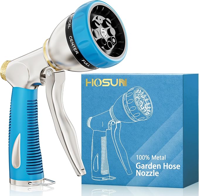 HOSUN 100% Metal Garden Hose Nozzle Sprayer with Ergonomic Handle, Blue | Heavy Duty, 8 Spray Patterns, Zinc Alloy Body, High Pressure, Non-Slip Grip, Squeeze latch, Watering Plant, Washing Car