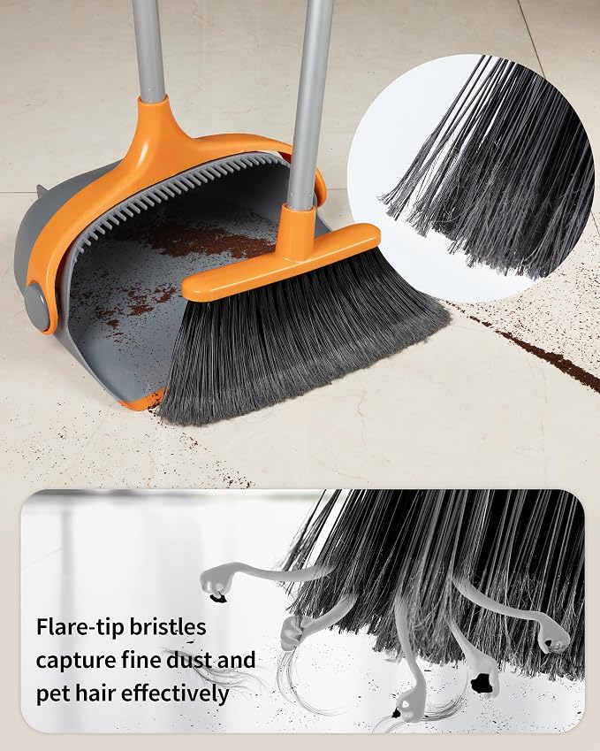 MR.SIGA Broom and Dustpan Set with Adjustable Long Handle, Gray & Orange | Stand upright broom with dustpan combo for home, office and garage easy sweeping and storage. 51.7"(131 cm) broom handle