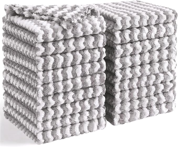 Homaxy 18 Pack Kitchen Dish Cloths, Ultra Soft and Absorbent Dish Towels, Reusable Fast Drying Microfiber Cleaning Cloth, Coral Velvet Wave Design No-lint, 10 x 10 inches, Grey