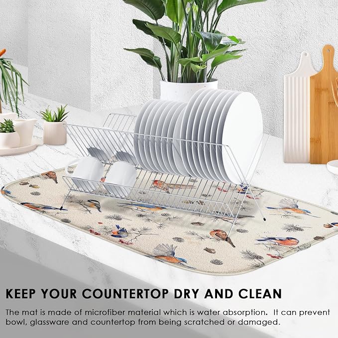 Sanwarm Absorbent Dish Drying Mat, Vintage Birds Watercolor Cute Floral Microfiber Pad for Kitchen Counter, Coffee Bar Decor, Heat Resistant and Reversible, 18" x 24"