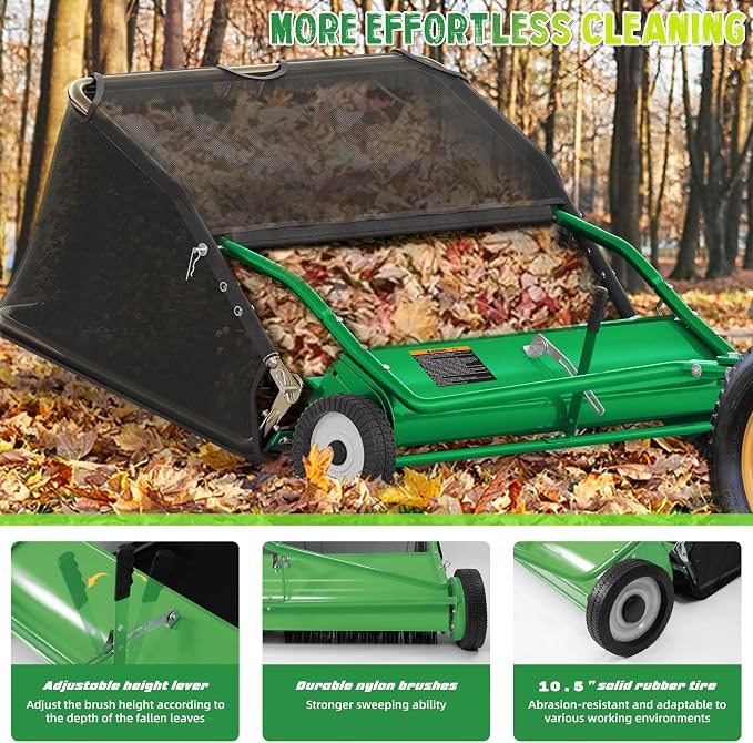 48" Lawn Sweeper Tow Behind, Pull Behind Lawn Sweeper with 25.16 cu. ft Large Hopper, Heavy Duty Leaf & Grass Collector, Adjustable Brush Height Lever and Dumping Rope, Lawn and Yard Cleanup Tool