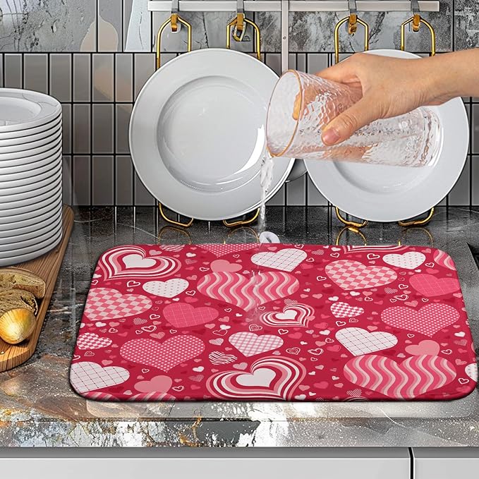 Valentine's Day Red Pink Love Heart Drying Mat for Kitchen Counter - Absorbent Microfiber Dish Drainer Mats - Medium Drying Pad - 16x18 Inch