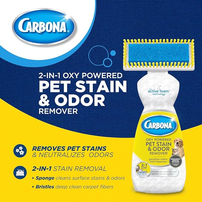 Carbona Oxy-Powered Pet Stain & Odor Remover, 2-in-1 Foaming Carpet Cleaner with Built-In Brush, Targets Urine, Vomit, Mud Messes from Dogs, Cats, 13.5 Oz (Pack of 3)
