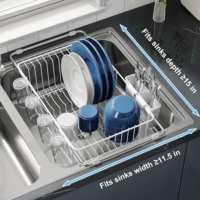 JASIWAY White Dish Drying Rack in Sink, Expandable Stainless Steel Dish Drainers for Kitchen Counter, Dish Dryer Rack for Inside Sink, Over The Sink Dish Racks with Utensil Holder