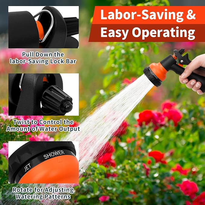 NEXCOVER Garden Hose Nozzle Sprayer - 7 Adjustable Watering Patterns Nozzle for Water Hose, Non-Slip Garden Spray Nozzle for Car Washing, Watering Plants, Pets Showering, Lawns Cleaning, Orange