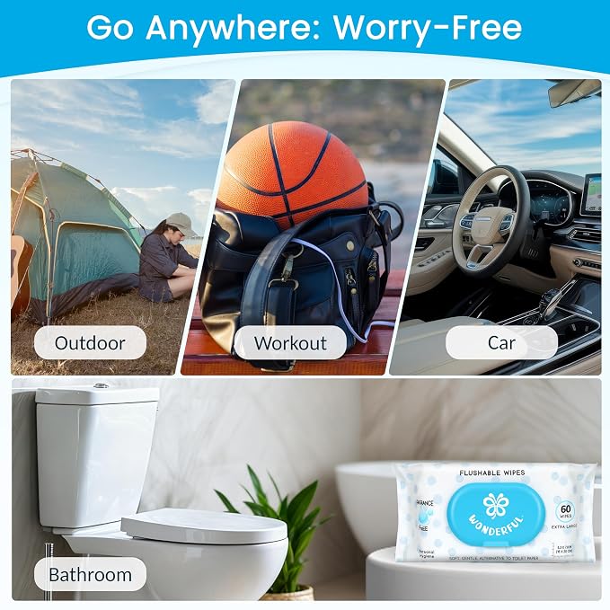 WONDERFUL Flushable Butt Wipes, Unscented 100% Plant-Based Wet Wipes for Adults & Kids, Sewer & Septic Safe, Gentle on Sensitive Skin, Wipes Flushable Pack for Bathroom & Travel, 1-Pack (60 Count)