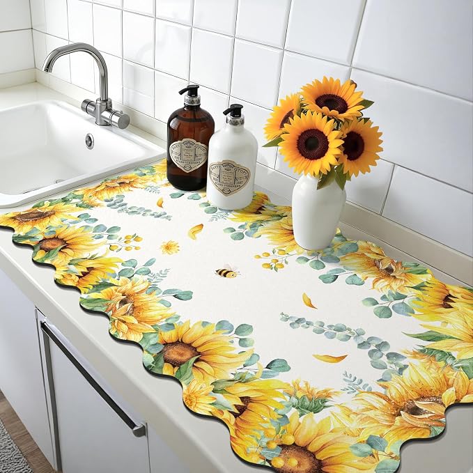 LOKHOM Scalloped Floral Dish Drying Mat, 17"x32" Super Absorbent Coffee Mat with Watercolor Yellow Sunflowers, Cuttable Hide Stain Non-slip Drying Mat for Kitchen Counter Coffee Maker Espresso Machine