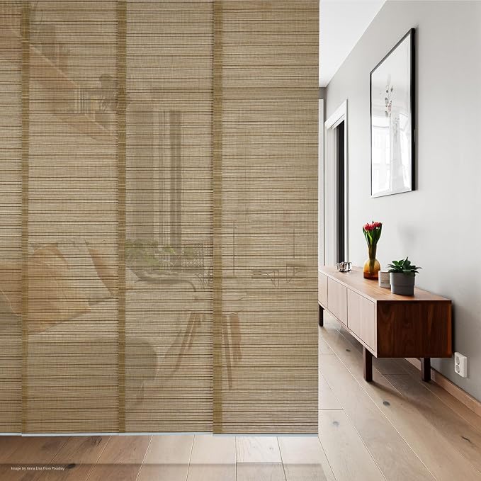 Replacement Fabric Panels for Sliding Glass Door (4-Pack, 23"x96"), Fabric Only, Natural Woven Blind Slats, Trimmable, Sheer, Track & Bottom Rail Not Included,Caramel Brown