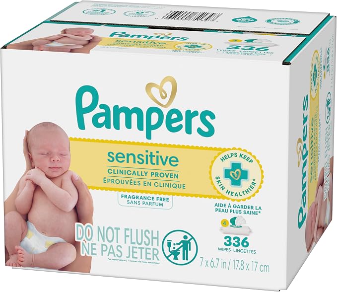 Pampers Sensitive Baby Wipes, Clinically Proven, Fragrance Free, Unscented, Water Based, Hypoallergenic, Multi-Use, Hand Wipes 336 Wipes Total (6X Flip-Top Packs) [Packaging May Vary]