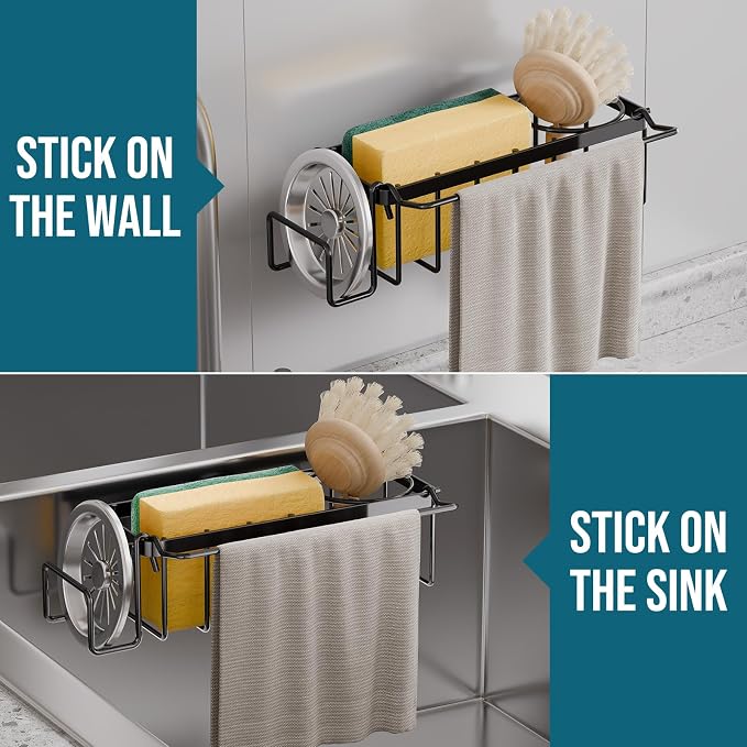 TAILI Sponge Holder with Strong Suction Cup, 4-in-1 Rustproof Sink Organizer - Sink Caddy Holds Sponges, Brushes, Stoppers & Scrapers -Black