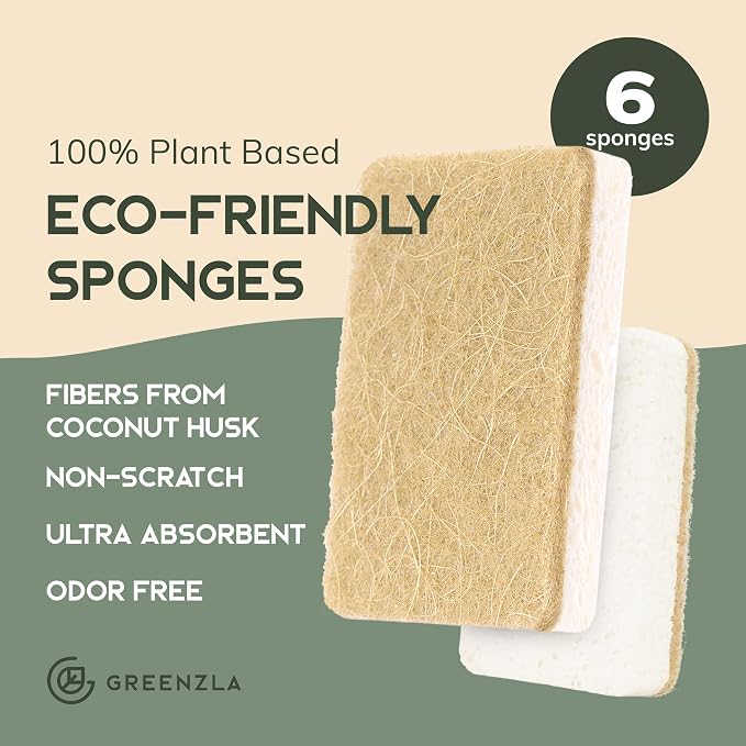 GREENZLA 6 Pack Kitchen Sponges | Non-Scratch Hemp & Sisal | Dual-sided: scrubbing + absorbent cellulose | Odor-resistant | Biodegradable | Dishes, sinks & bathtubs