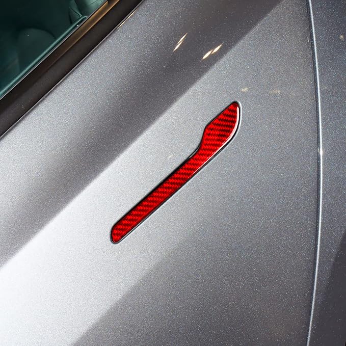 Red Real Carbon Fiber Trim for Tesla Accessories | for Model 3 2017-2022 / Model Y 2020-2024 Door Handle Decoration Panel Sticker Exterior Thick Overlay Decal