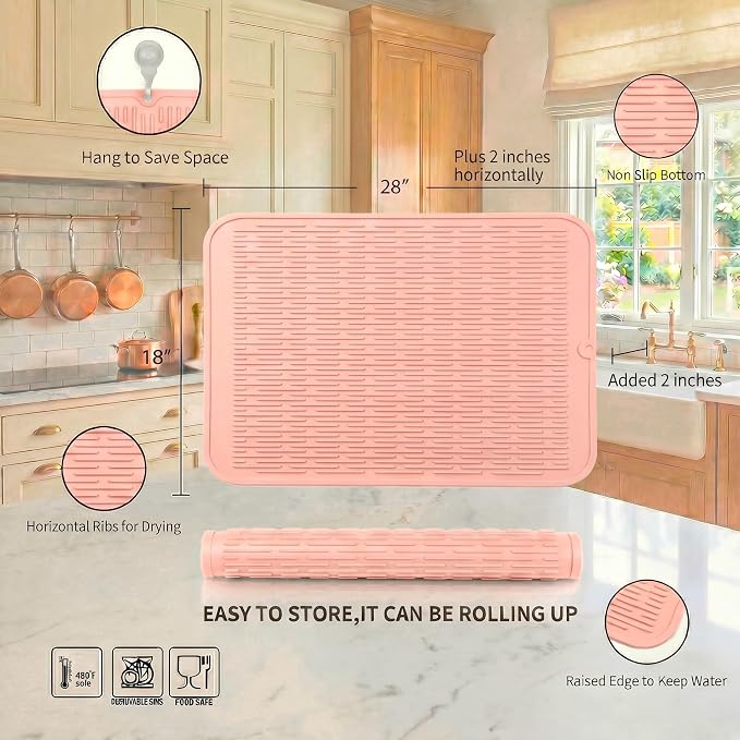 MicoYang Silicone Dish Drying Mat for Multiple Usage,Easy clean,Eco-friendly,Heat-resistant Silicone Mat for Kitchen Counter or Sink,Refrigerator or Drawer Liner Pink 3XL 28 inches x 18 inches