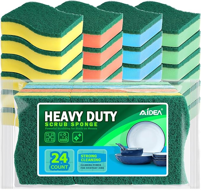 AIDEA Sponges Kitchen, 24Pack Heavy Duty Dish Sponge, Cleaning Dish Scrubber Sponge for Home and Kitchen, Stink-Free Cleaning Supplies for Pots, Pans