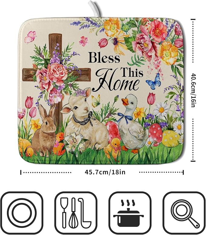 Easter Farmhouse Dish Drying Mat Funny Animal Dish Pad for Kitchen Counter Small 16 X 18