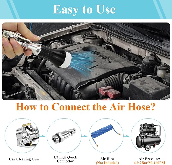 GOCCIDA Mini Tornado Air Blow Gun with Detachable Brush Car Cleaning Kit | Vortex Cleaning Gun Trumpet Head High Pressure Dryer Blow Gun Pneumatic Interior Cleaning Tool with Tornado Airflow