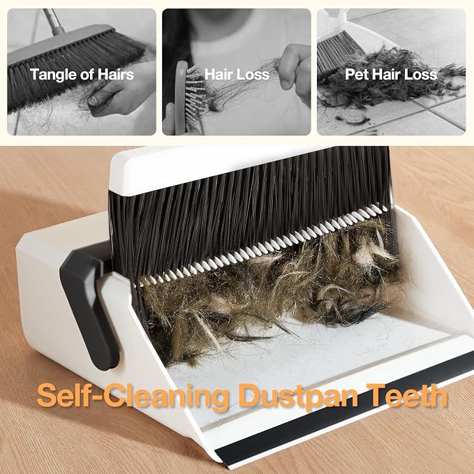 Broom with Dustpan Combo Set,UOEOS One-Sweep Clean,Pet Hair Removal Broom with Self-Cleaning Double-Layer Teeth,High Density Broom and Windproof Dustpan for Indoor&Outdoor