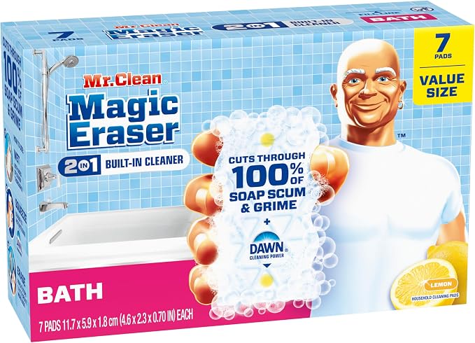 Mr. Clean Magic Eraser Sponge, Bathroom Cleaner, Shower Cleaner, Tub Cleaner, Soap Scum Remover, Bathroom Cleaning Supplies, Dawn Cleaning Power with Lemon Scent, 2 in 1 Bath, 7ct