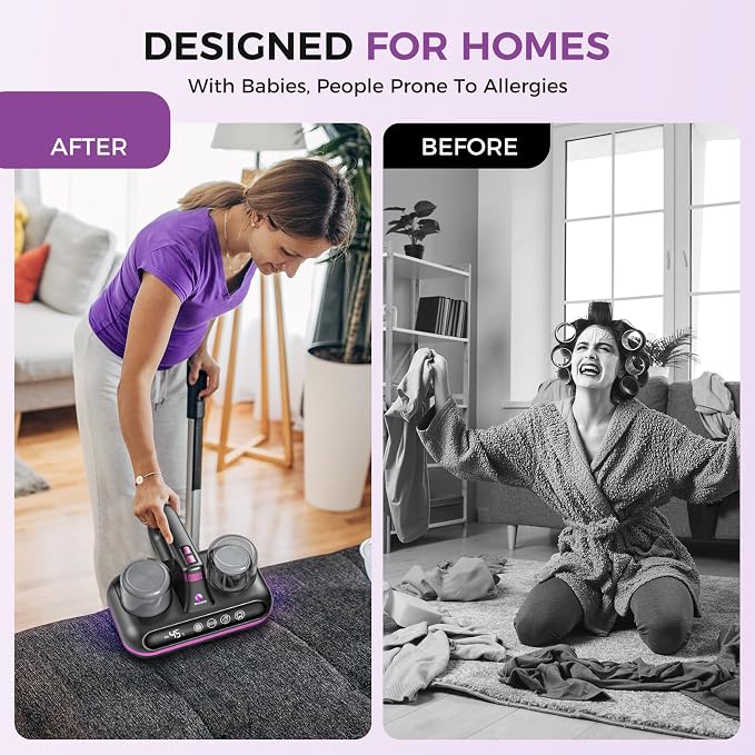 Amzany Mattress Vacuum Cleaner - 5-in-1 Cordless Bed Vacuum Cleaner, Powered by Ultrasonic Technology, 16Kpa Strong Suction,Low Noise,Suitable for Dust, Pet Hair, Etc - Gray Purple