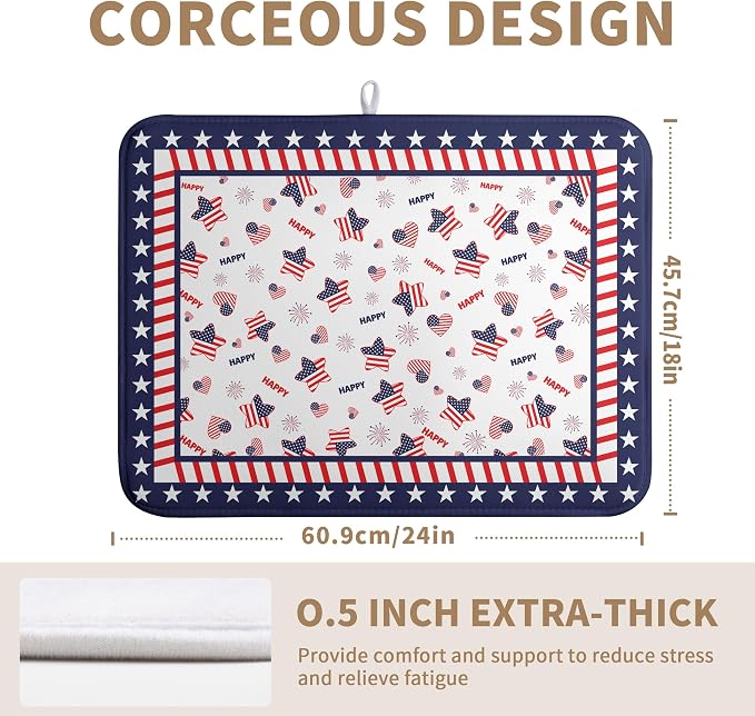 4th of July Dish Drying Mats for Kitchen Counter Patriotic Independence Day Kitchen Dishes Dryer Pad Stars Absorbent Dish Mat Microfiber Washable Foldable Reusable Large 18x24 in