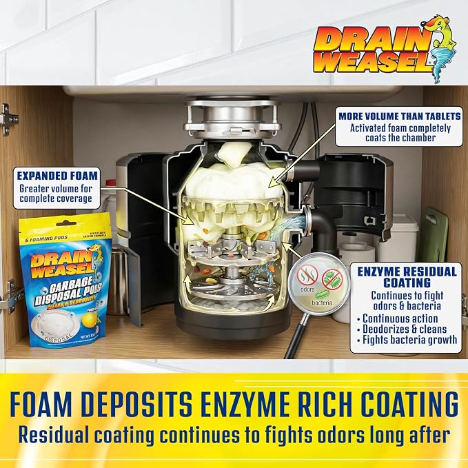 Drain Weasel Garbage Disposal Pods Cleaner and Deodorizer, Pack of 5 | Sink Odor Eliminator with Foaming Action, Septic-Safe Enzyme Formula, Fresh Lemon Scent