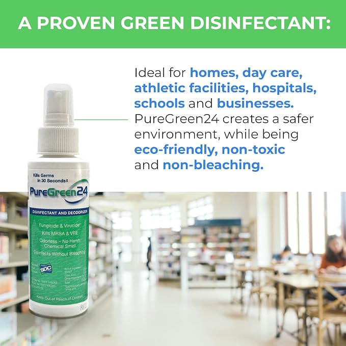 PureGreen24 Safe & Effective Disinfectant. Kills Deadly Germs including RSV Norovirus MRSA Staph infulenza A Bird flu Contains no toxic chemicals odorless child & pet safe 4 32oz spray bottles