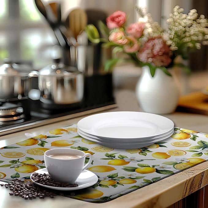 Lemon Dish Drying Mat Spring Summer Kitchen Dish Drying Pad Absorbent Drying Mat for Countertops Dish Dryer Mat Microfiber Dishes Drainer Pad Dish Drying Rack Mat (18x24 in)