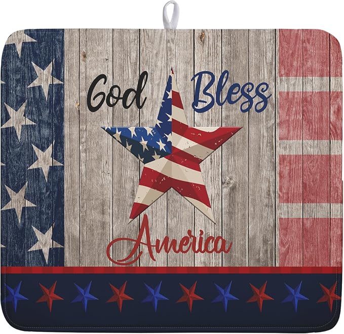 Kawani 4th of July Dish Drying Mat 16x18 Inch Patriotic God Bless America Memorial Kitchen Mats Independence Day Absorbent Dishes Pad for Kitchen Counter USA Star Drying Mat Home Decor for Countertop