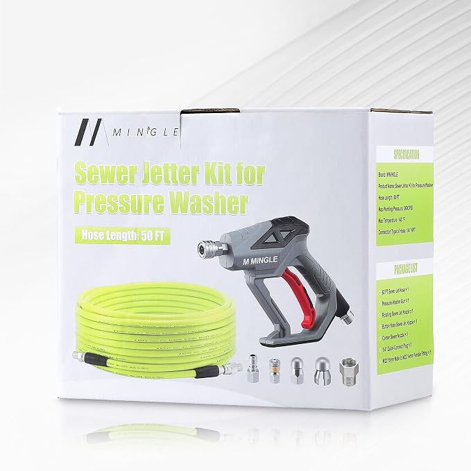 M MINGLE Sewer Jetter Kit for Pressure Washer 50 FT | Drain Cleaner Hose with Power Washer Gun, 1/4 Inch NPT Corner Rotating and Button Nose Sewer Jetting Nozzle, Orifice 4.0, 4.5