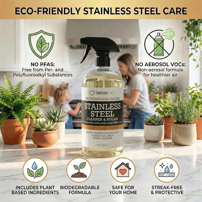 Thirteen Chefs Stainless Steel Cleaner and Polish for Fridge, Oven, Cooktop, Kitchen Appliances, BBQ and Ranges – 16oz