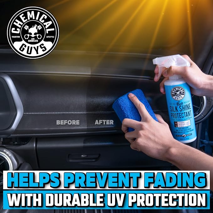 Chemical Guys, Silk Shine Vinyl & Trim Dressing, Non-Greasy Satin, 1 Gallon | Dries to a natural satin look with no greasy sling, works indoors and out on dashboards, door panels, bumpers and tires
