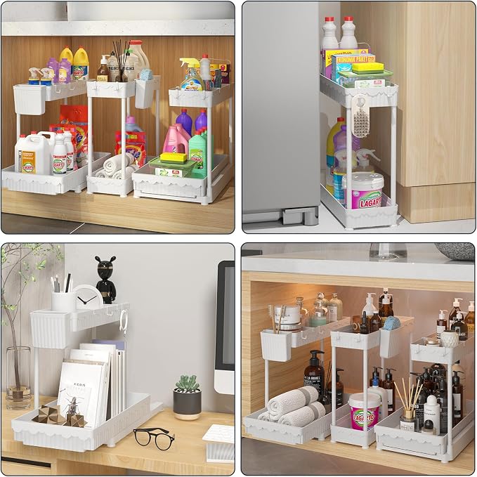 Sevenblue 3 Pack Multi-Purpose Pull-Out Storage Organizers, 2-Tier L-Shaped Under Sink/Cabinet Organizers and Storage for Bathroom & Kitchen,White,12.85 Inch
