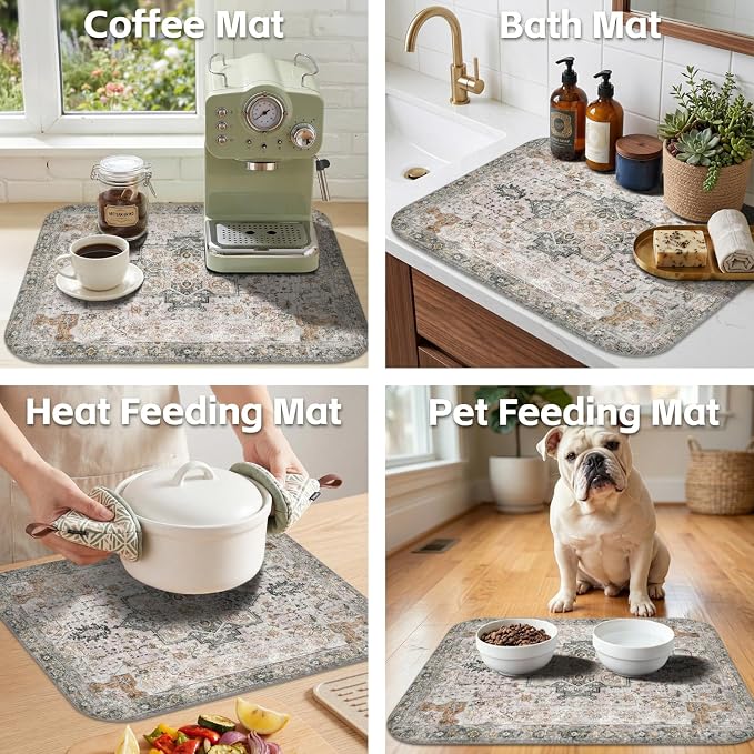 Boho Dish Drying Mat for Kitchen Counter,Vintage Grey Modern Farmhouse Absorbent Microfiber Reusable Washable Non-Slip Dish Drainer Draining Mats Dishes Pad for Kitchen Decor 18x16 Inch