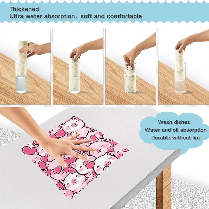 STAYTOP Cute Kawaii Pigs Kitchen Dish Cloth, 6 Pack Super Absorbent and Soft Nonstick Oil Dish Towels, Reusable Cleaning Cloths 11" x 11"