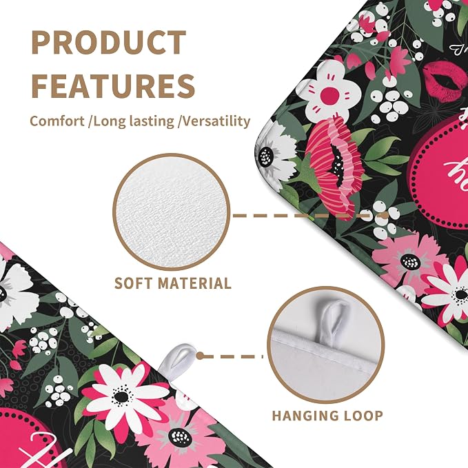 Happy Valentine's Day Dish Drying Mat for Kitchen Counter Valentines Flowers Love Heart Drying Mats Absorbent Reversible Dishes Drainer Mats Microfiber Dish Drying Pad Large Dish Rack Mat 18x24 Inch