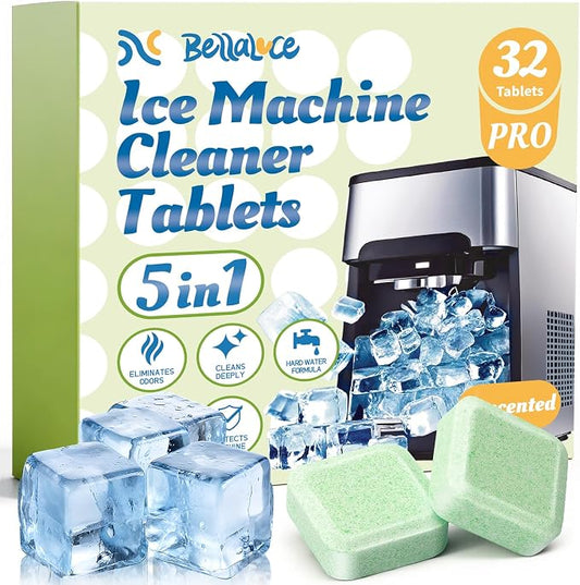 Bellaluce Ice Machine Cleaner Tablets, 32 Effervescent Descaling Tabs, Nickel Safe Cleaner for Countertop, Nugget, Portable & Commercial Ice Makers, Food-Grade Scale Remover for Fresh, Odor-Free Ice