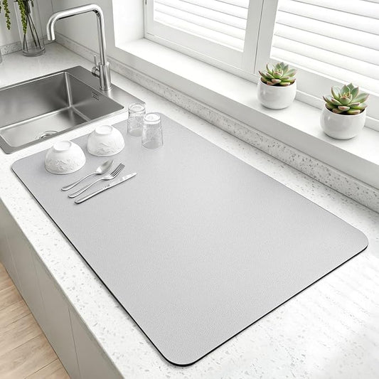 LOPNUR Kitchen Dish Drying Mat, 24"x16" Dish Drying Mats for Kitchen Counter, Diatomite Coffee Mat, Super Absorbent Dish Drying Pad, Heat Resistant Mat with Anti-slip Rubber Backed, Light Grey