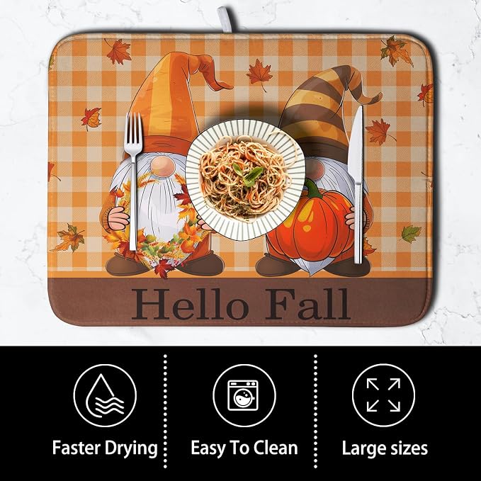 Hello Fall Autumn Gnomes Dish Drying Mat 18x24 Thanksgiving Pumpkin Maple Leaves Harvest Kitchen Drying Mat Orange White Buffalo Plaid Dish Drainer Mat Ultra Absorbent Dish Rack Pad for Coffee Bar