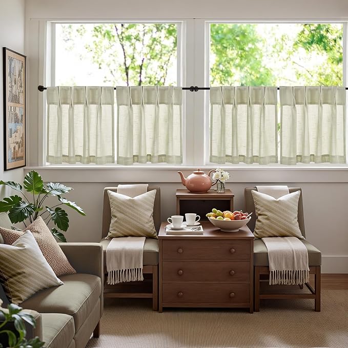 jinchan Linen Pinch Pleated Back Tab Tier Curtains, 26x24, 2 Panels, Beige | Light filtering,small window treatment,cafe curtains,machine washable,farmhouse,kitchen,bathrooms,laundry