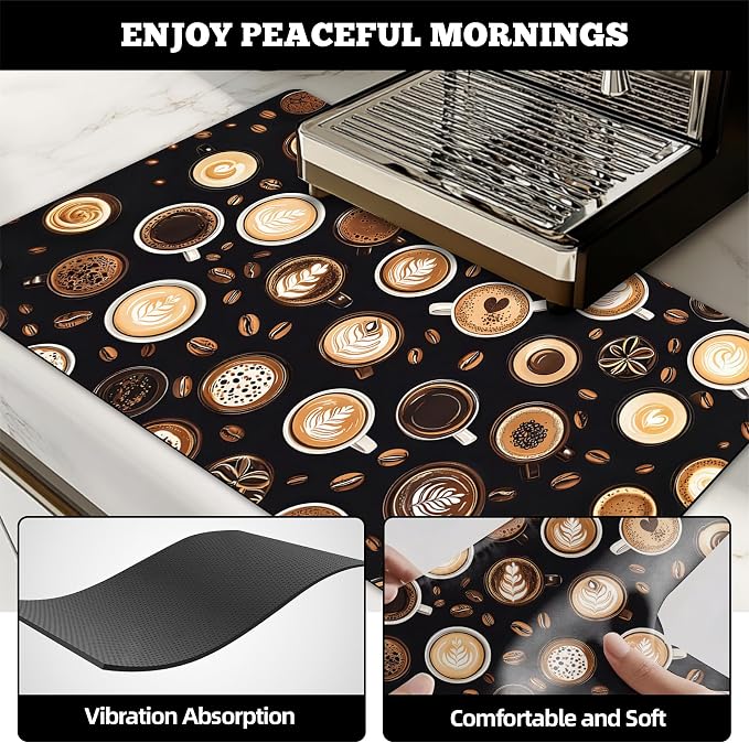Dish Drying Mat Large Coffee Mat Absorbent Drying Mat for Kitchen Counter Coffee Bar Accessories 32"x 17", Latte Cups