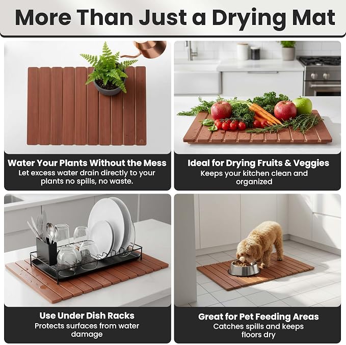 Large Stone Dish Drying Mat For Kitchen Counter | Non-Slip, Super Absorbent Diatomaceous Dish Dry Mat | Rollable Stone Drying Mat For Kitchen Counter, Heat-Resistant, Easy to Clean, Warm Walnut Color