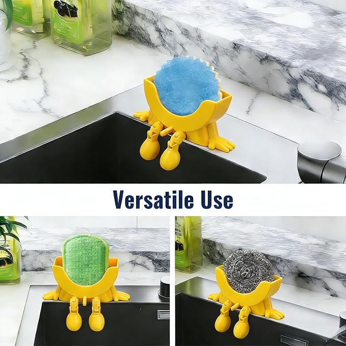 Cute Hanging Sponge Holder with Drainage,3D Printed Kitchen Funny Sponge Stand for Sink,with non-slip pads,Suitable for Scrub Daddy Holder,Keeps Your Sponge Dry Smiling (Yellow)