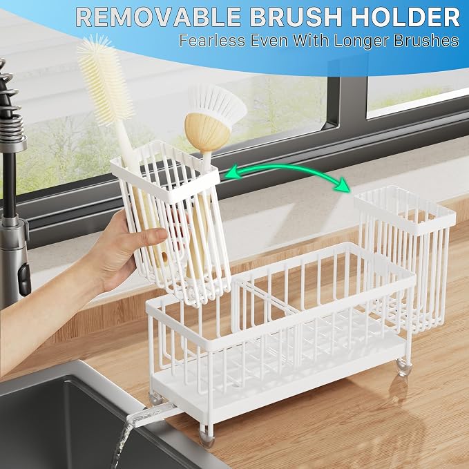 Cisily Sponge Holder for Kitchen Sink, Sink Caddy Organizer with High Brush Holder, Kitchen Countertop Organizers and Storage Essentials, Rustproof 304 Stainless Steel (Cool White, Large)