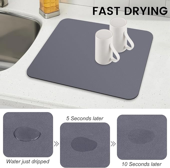 WISELIFE Dish Drying Mat Super Absorbent Drying Mat Large Dish Drying Mats for Kitchen Counter Easy Clean Dish Mat Kitchen Drying Mat15"x 18" Classic Grey