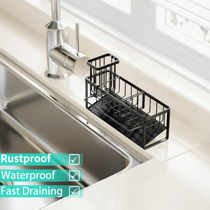 HapiRm Sponge Holder for Kitchen Sink - Self-draining Sink Caddy with Brush and Dishcloth Holders with Sloping Drainage - Black