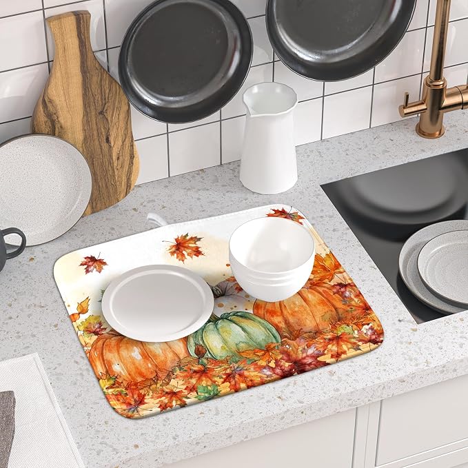 Fall Dish Drying Mat for Kitchen Counter 16×18 Inch Orange Pumpkin Drainer Pad Rustic Autumn Dish Rack Pad Drainer Mat Thanksgiving Absorbent Reversible Microfiber Dish Drying Pad for Coffee Bar