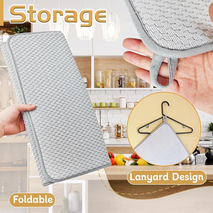 2 Pack Microfiber Dish Drying Mat,24x17" Large Size Highly Absorbent Dish Drainer Mat,Kitchen Counter Quick Dry Pads for Under Sink,Coffee Rack(Gray)