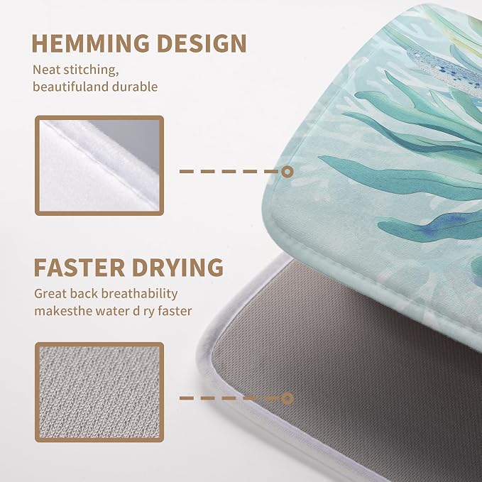 Summer Coastal Dish Drying Mats for Kitchen Counter Nautical Beach Starfish Coral Drying Pad Ocean Teal Blue Dish Draining Mats Absorbent Microfiber Dish Drainer Rack Mat Extra Large 18"x24"