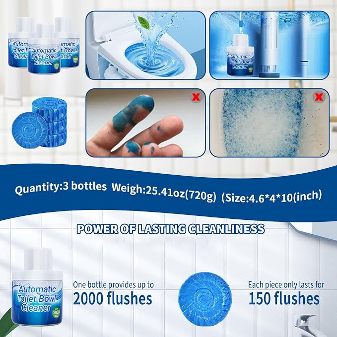 Automatic Toilet Bowl Cleaner with Unique Retrieval Rope - 3 Packs | Long Lasting Toilet Tank Cleaner, Blue Water Stain Remover and Deodorizer, Each Pack Lasts About 3 Months